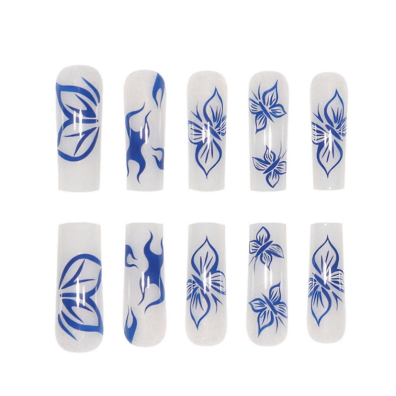 Blue Butterfly Nail Art Press-On Nails – 24 PCS Long Square Head Shape | Nature-Inspired Design — Prime Trend Market