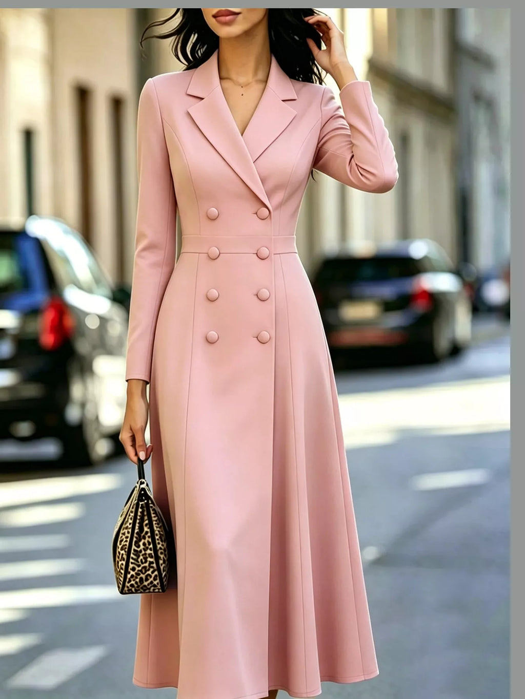 Double-Breasted Lapel-Collar Long-Sleeve Midi Dress