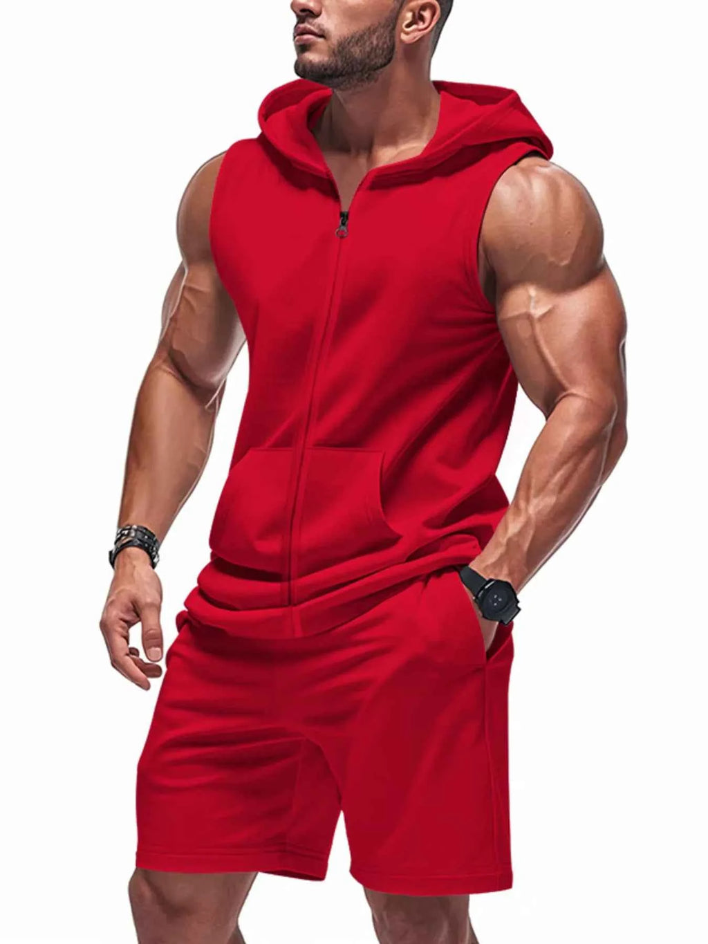 Men’s Sleeveless Zip-Front Hoodie & Shorts Set