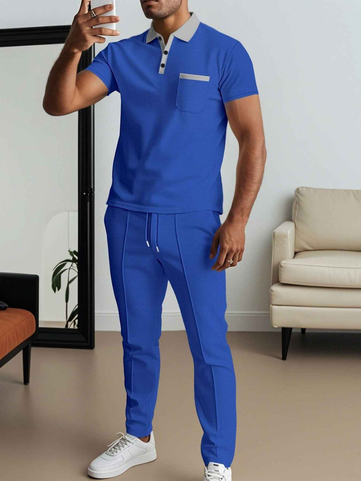 Men’s Contrast-Trim Polo & Drawstring Pants Set