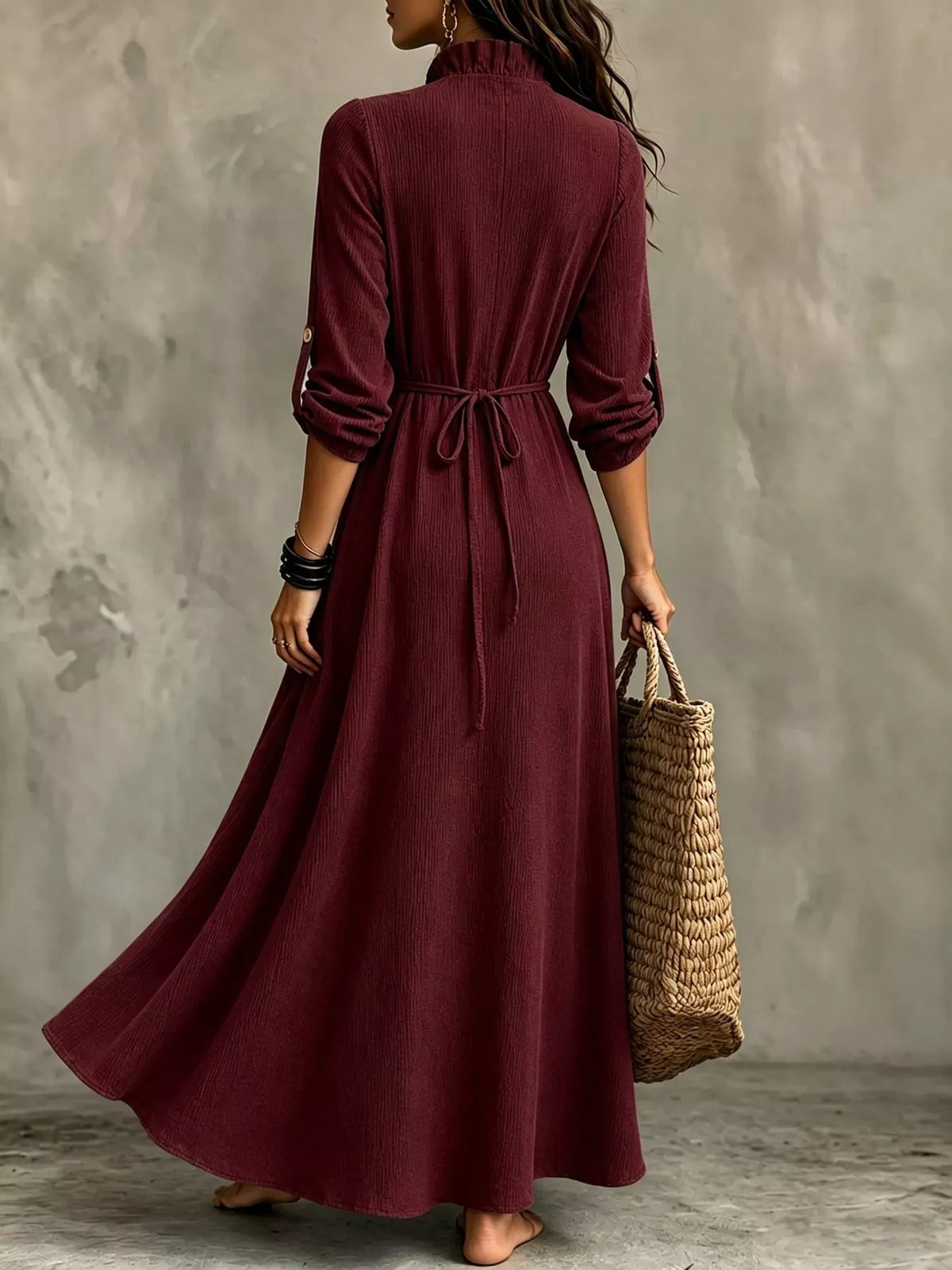 Frill V-Neck Roll-Tab Sleeve Maxi Dress, XS–3XL