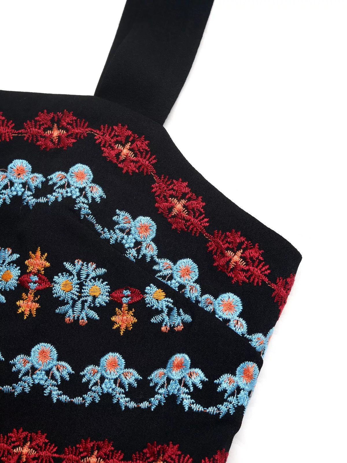 Black Floral-Embroidered Wide-Strap Romper
