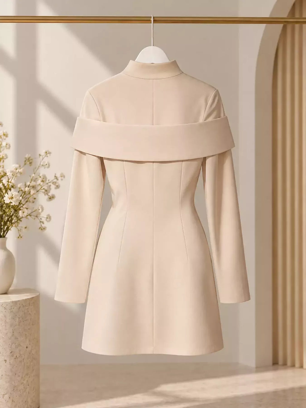 Mock-Neck Button-Detail Mini Dress