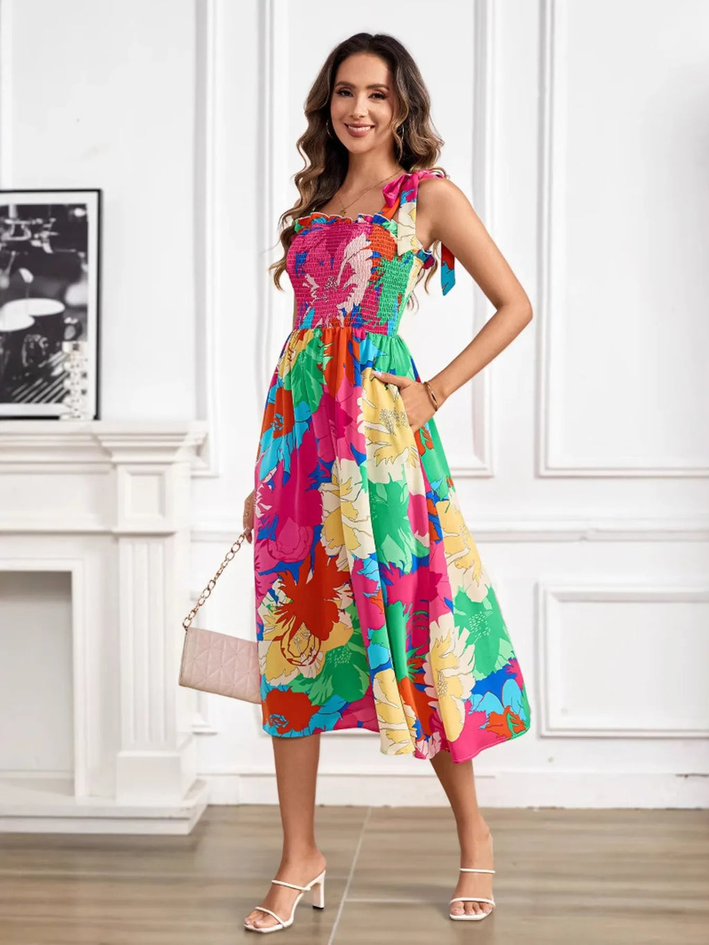 Floral Smocked Tie-Shoulder Midi Dress