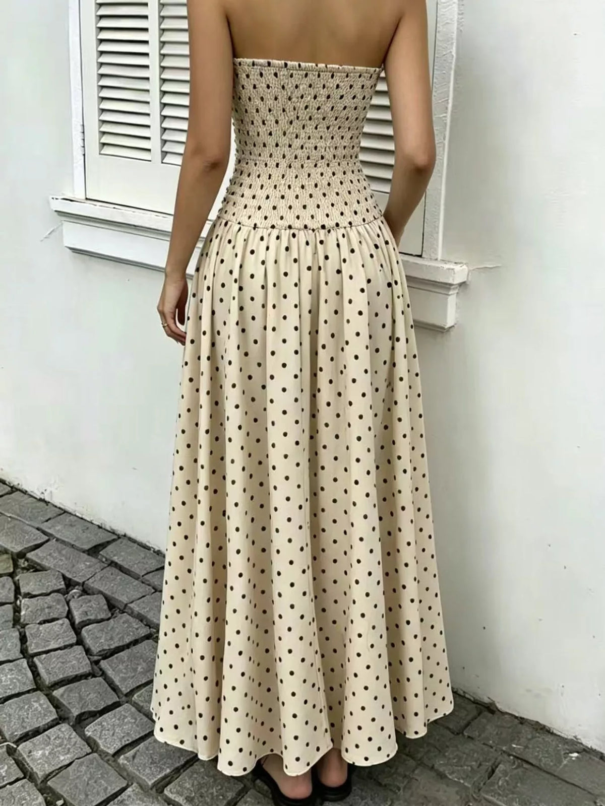 Strapless Polka-Dot Ruched Maxi Dress, S–2XL