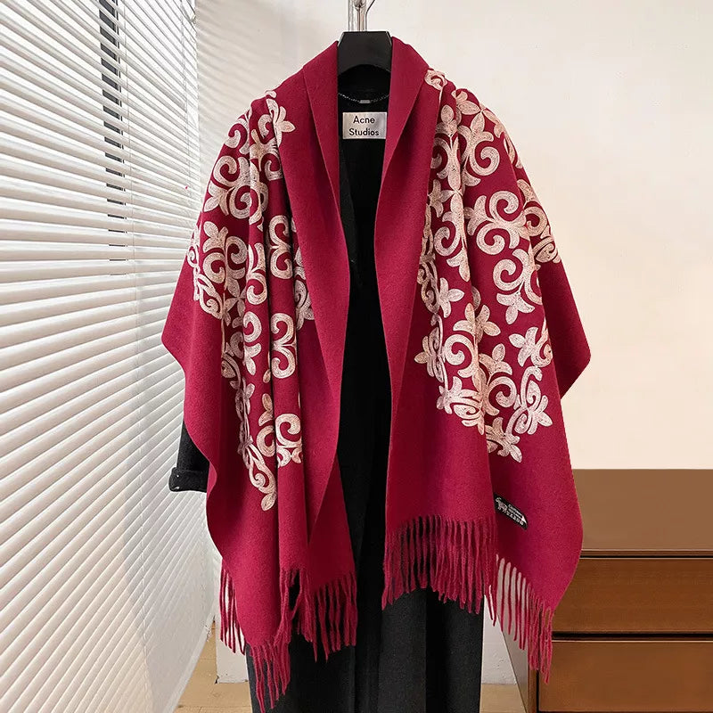 Boho Scroll-Pattern Fringe Scarf