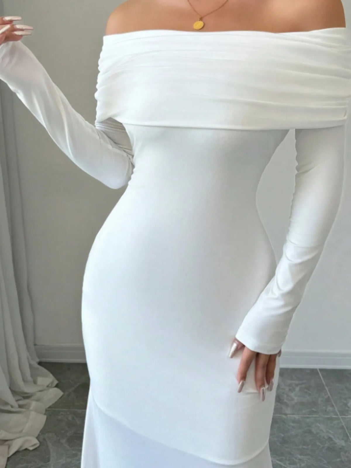 Off-Shoulder Twist-Back Long-Sleeve Bodycon Maxi Dress