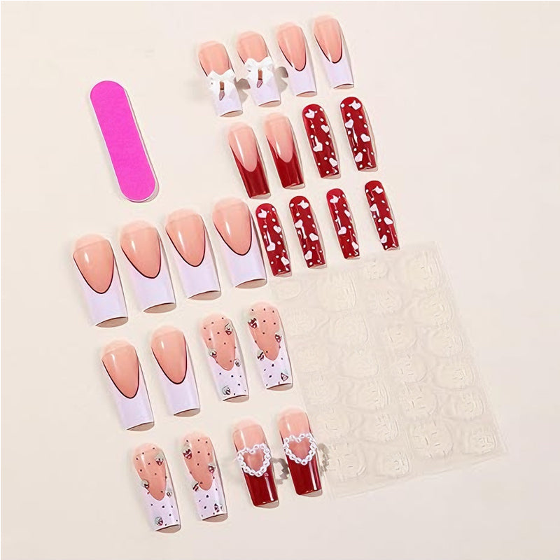 Strawberry Bow Press-On Nails – 24 PCS Long Square Head Shape | Cottagecore Y2K Design — Prime Trend Market