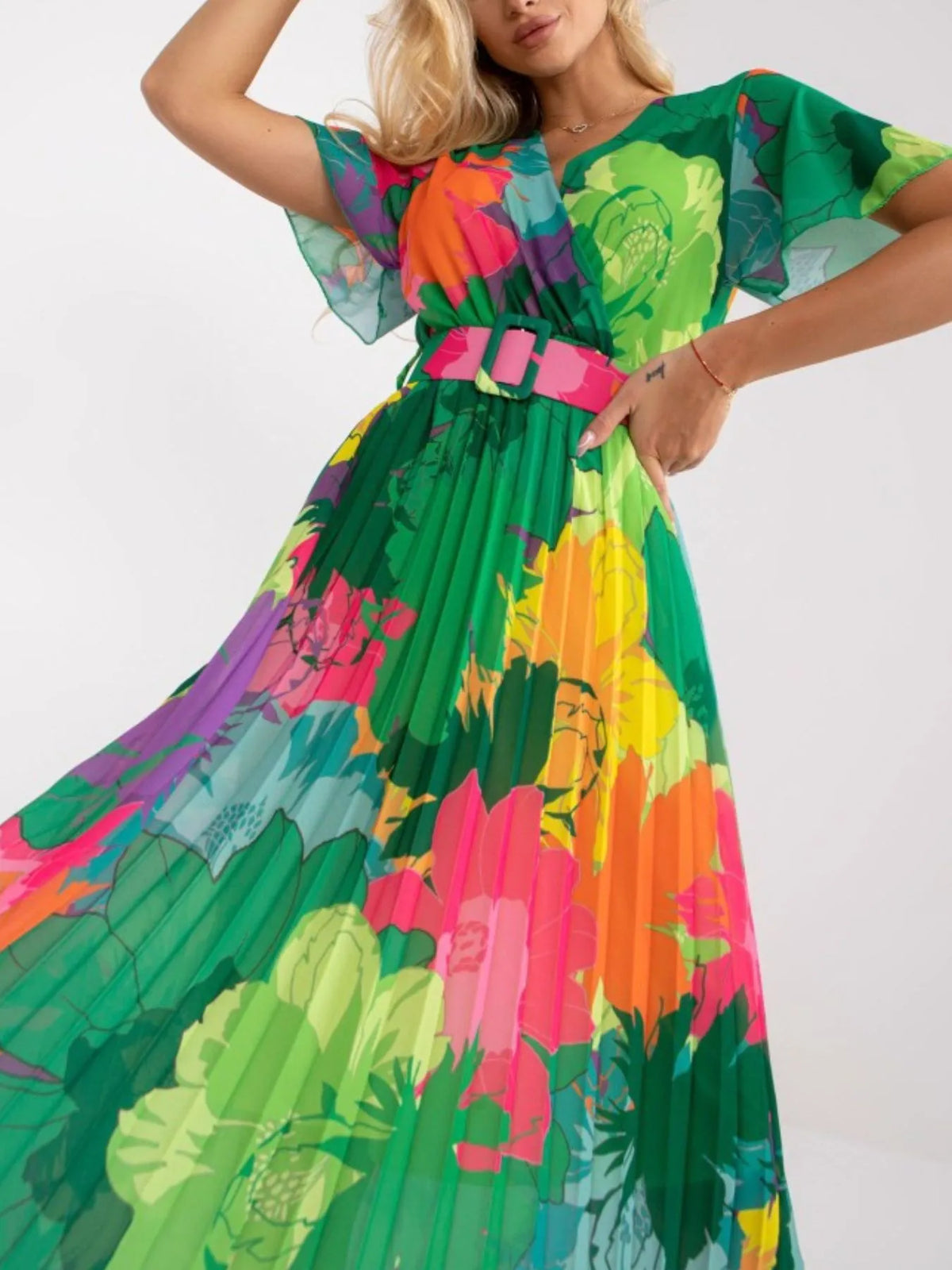 Printed Belted Pleated Wrap-Look Midi Dress