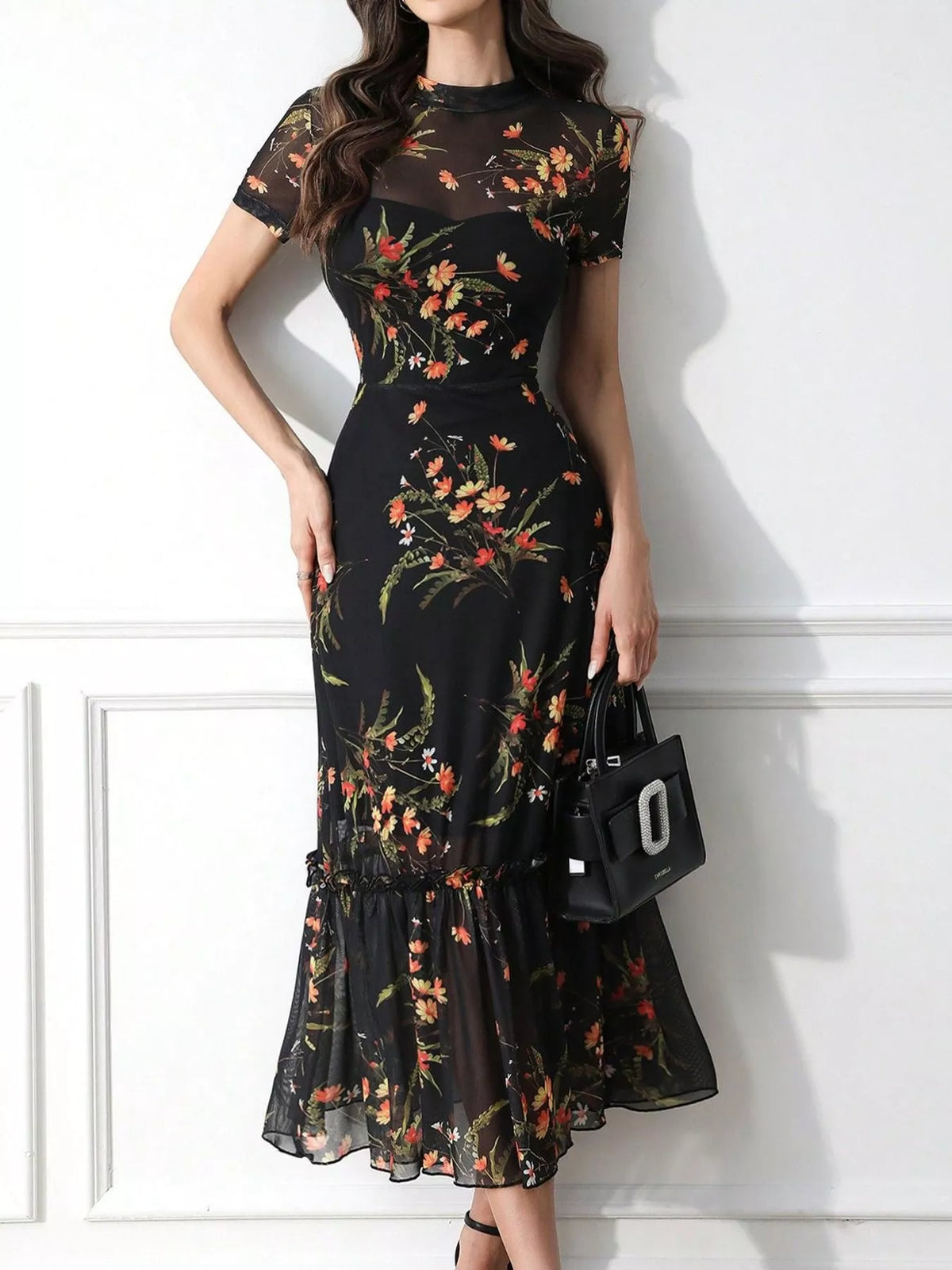 Black Floral Sheer-Overlay Ruffle-Hem Midi Dress