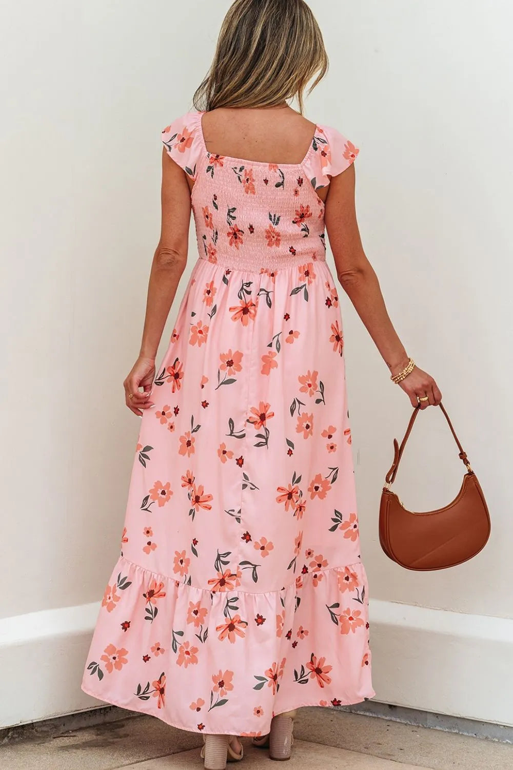 Floral Smocked Ruffle-Cap-Sleeve Maxi Dress