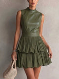 Sleeveless Faux-Leather Bodice Tiered Pleated Mini Dress