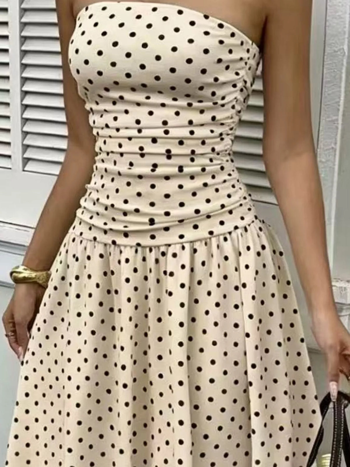 Strapless Polka-Dot Ruched Maxi Dress, S–2XL