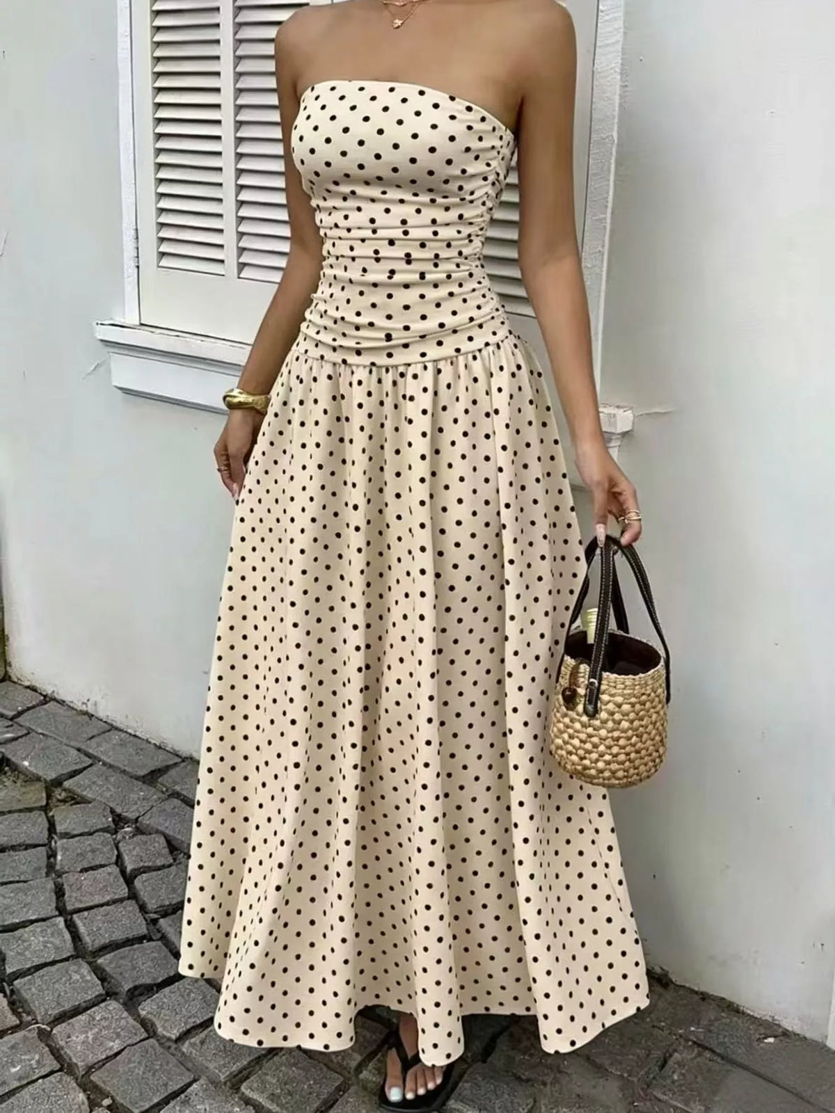 Strapless Polka-Dot Ruched Maxi Dress, S–2XL