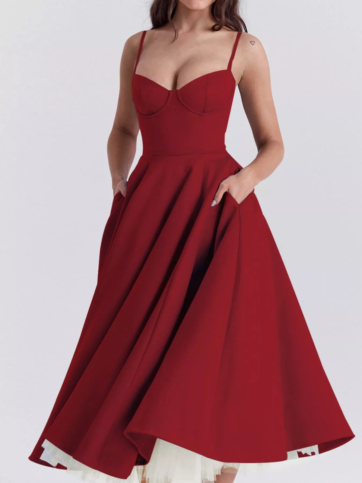 Sweetheart-Neck Pocketed A-Line Midi Dress