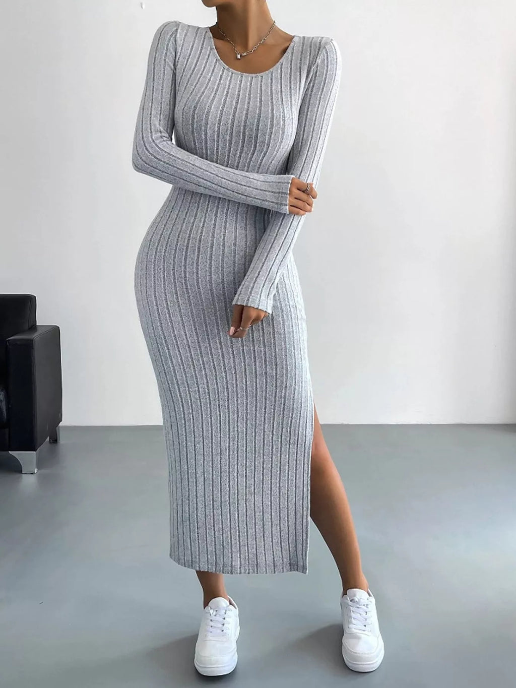 Long-Sleeve Side-Slit Ribbed Knit Midi Dress