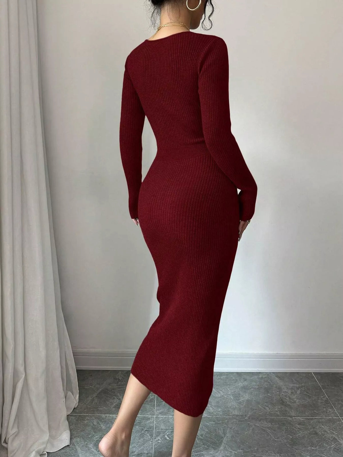 Ribbed Knit Sweater Dress with Decorative Buttons