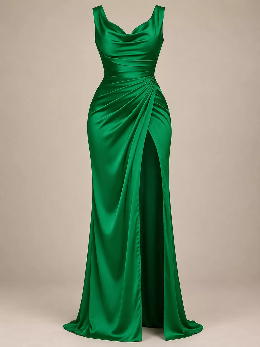 Satin Cowl-Neck Ruched High-Slit Maxi Dress