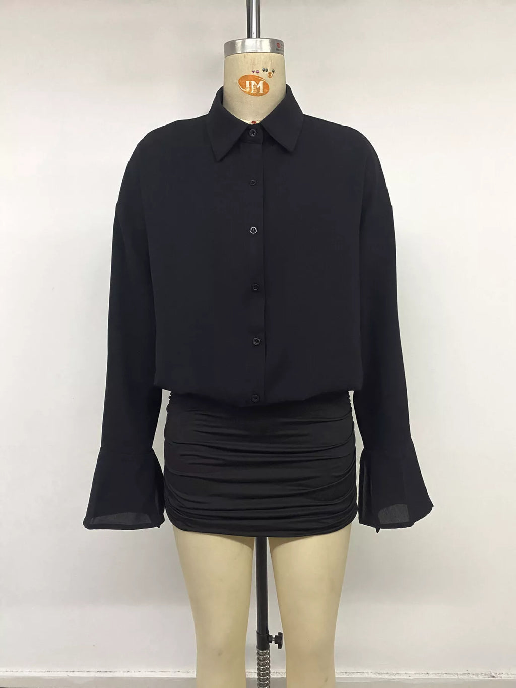 Black Button-Front Flounce-Sleeve Ruched Mini Dress