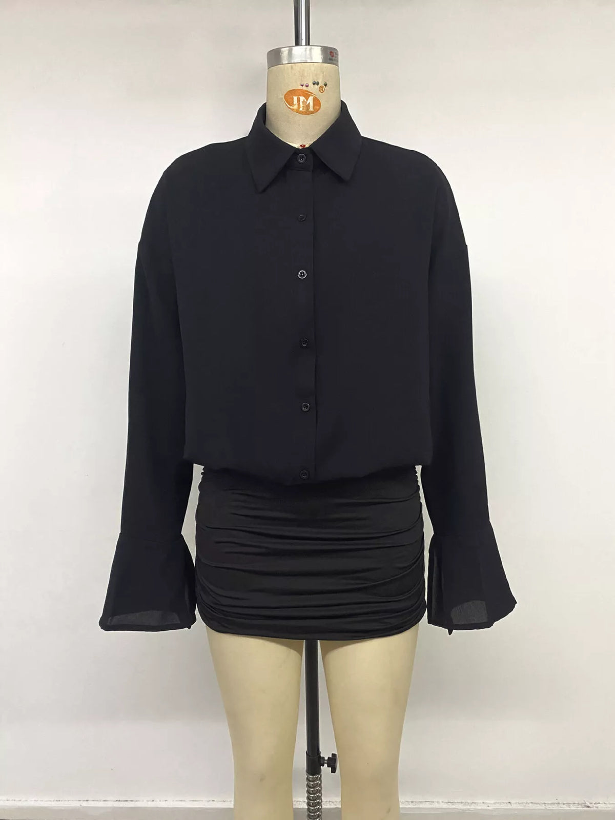 Black Button-Front Flounce-Sleeve Ruched Mini Dress