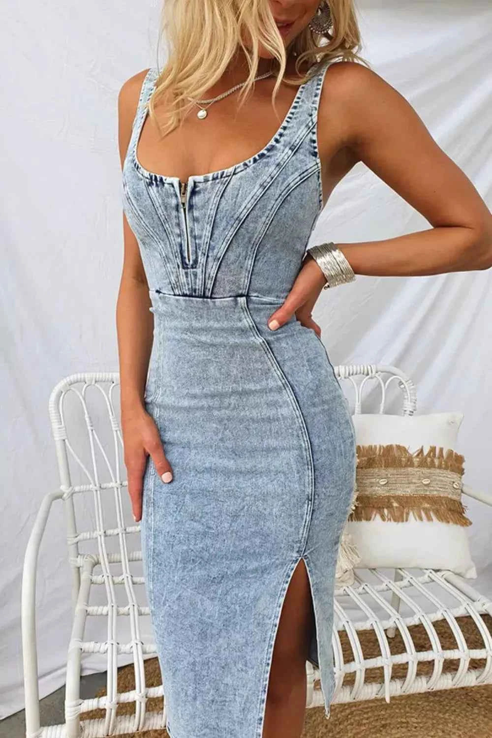 Scoop-Neck Side-Slit Denim-Look Dress