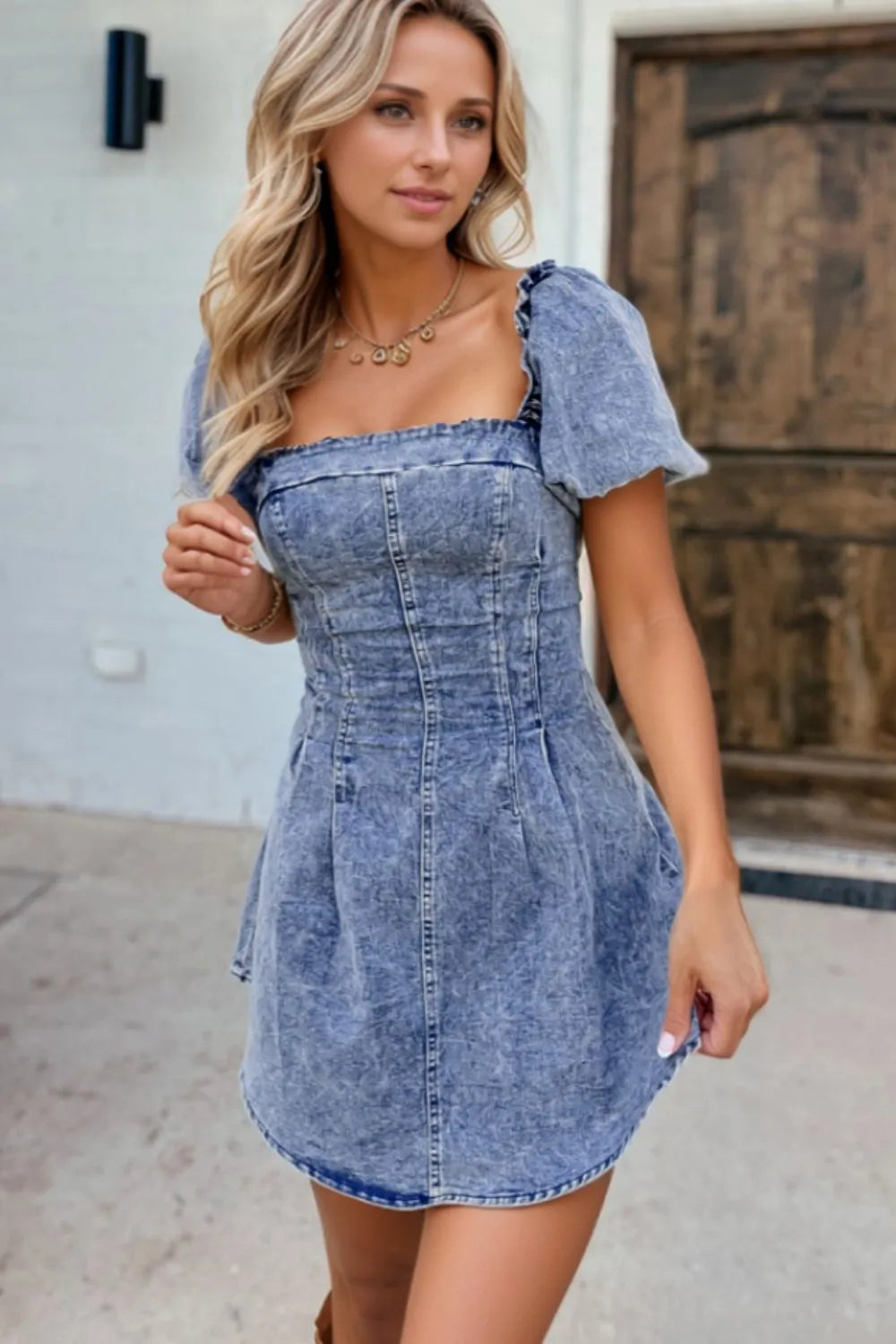 Tie-Back Square-Neck Puff-Sleeve Denim Mini Dress
