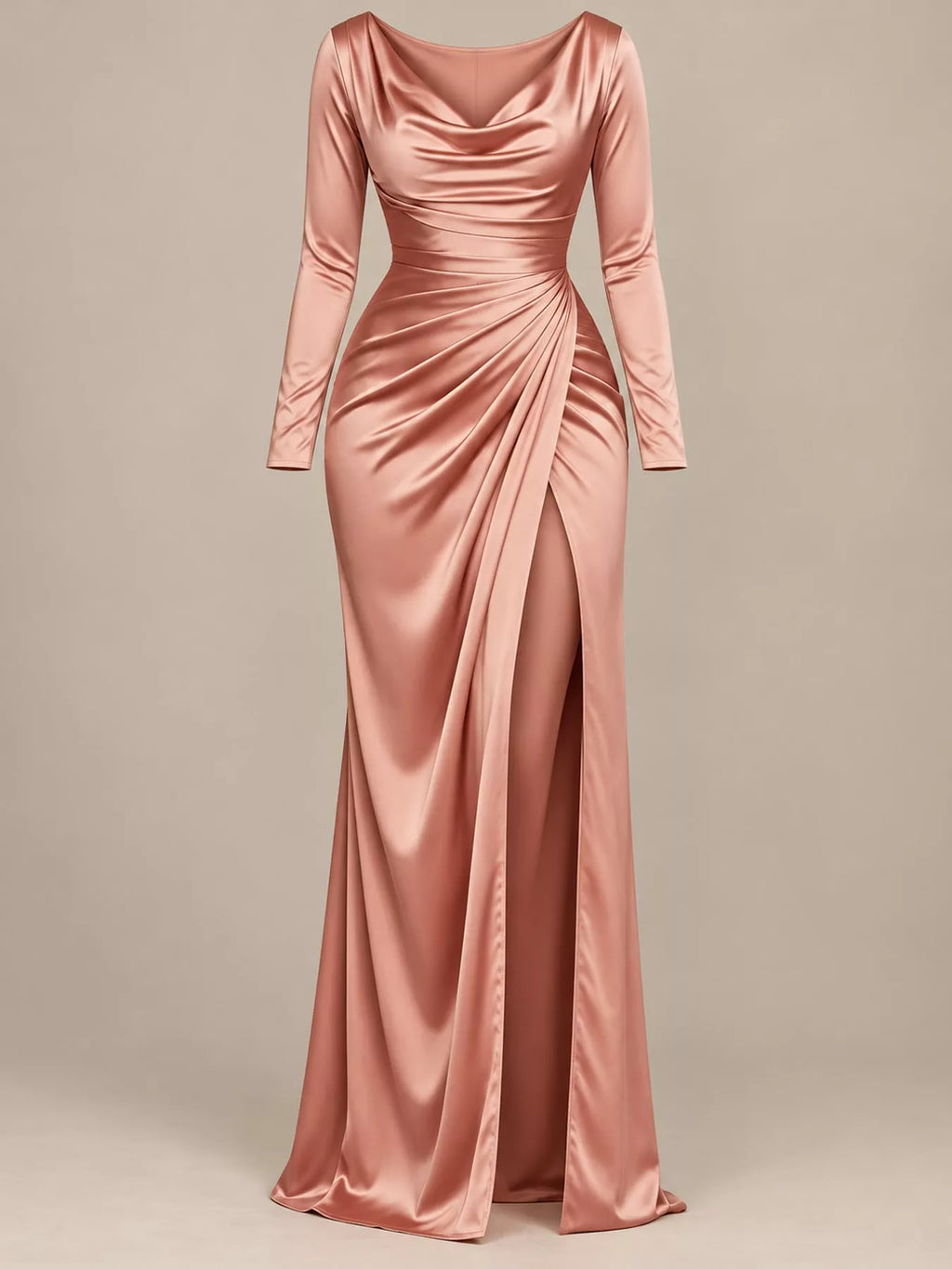 Satin Cowl-Neck Ruched High-Slit Maxi Dress