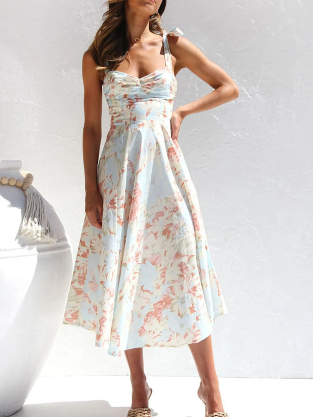 Floral Tie-Shoulder Sweetheart Dress