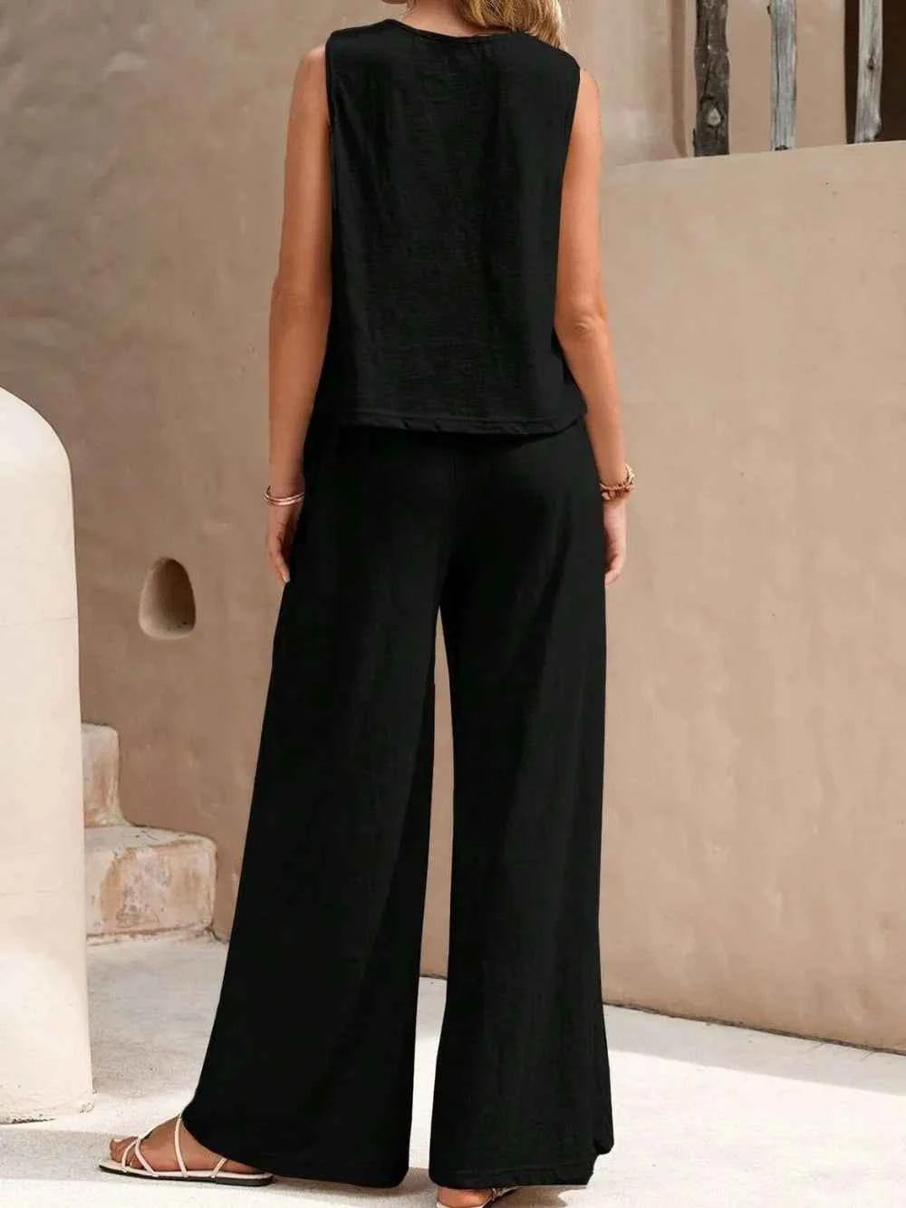 Sleeveless Round-Neck Top & Wide-Leg Pants Set