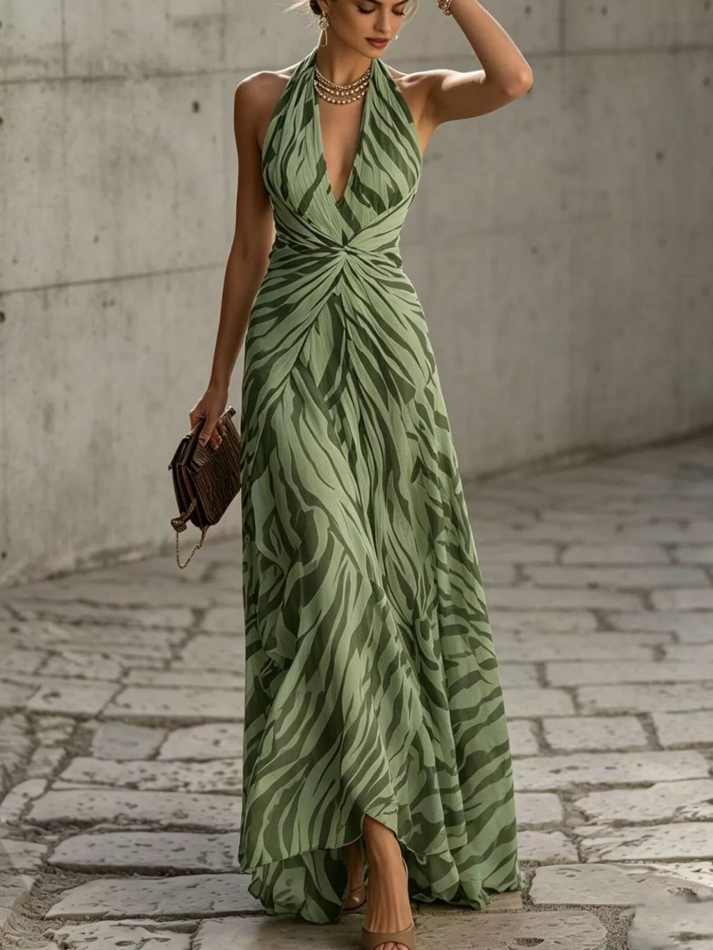 Halter-Neck Ruched Maxi Dress