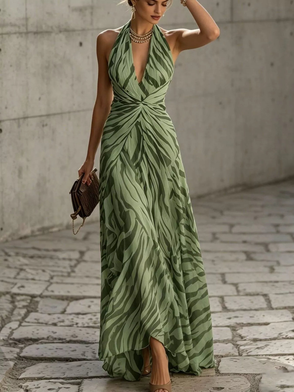 Halter-Neck Ruched Maxi Dress