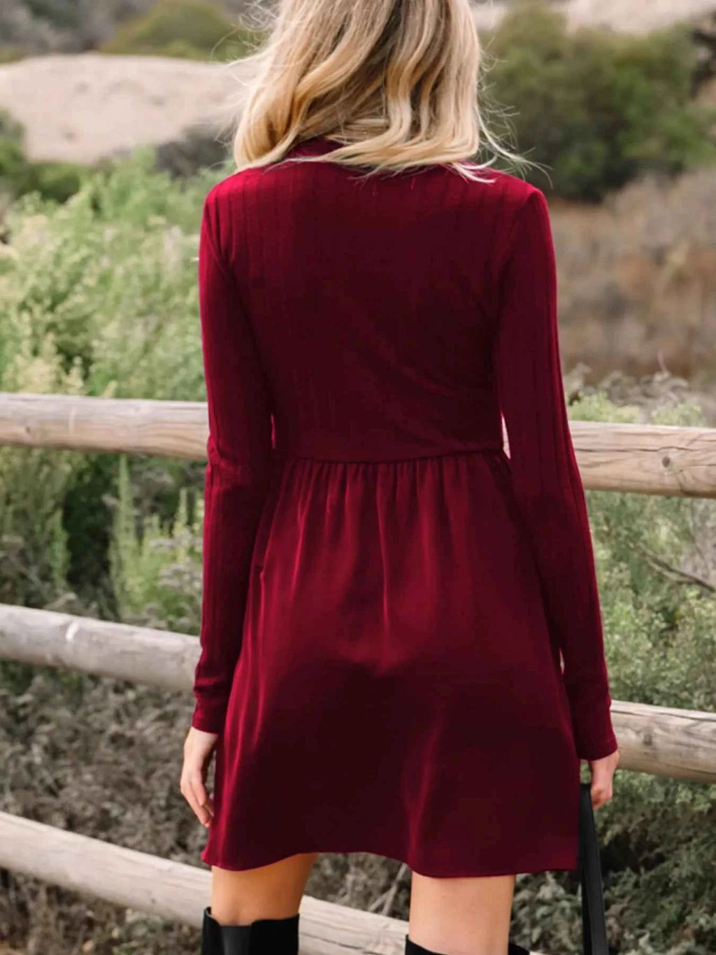 Burgundy Frilled-Neck Ribbed Knit Mini Dress