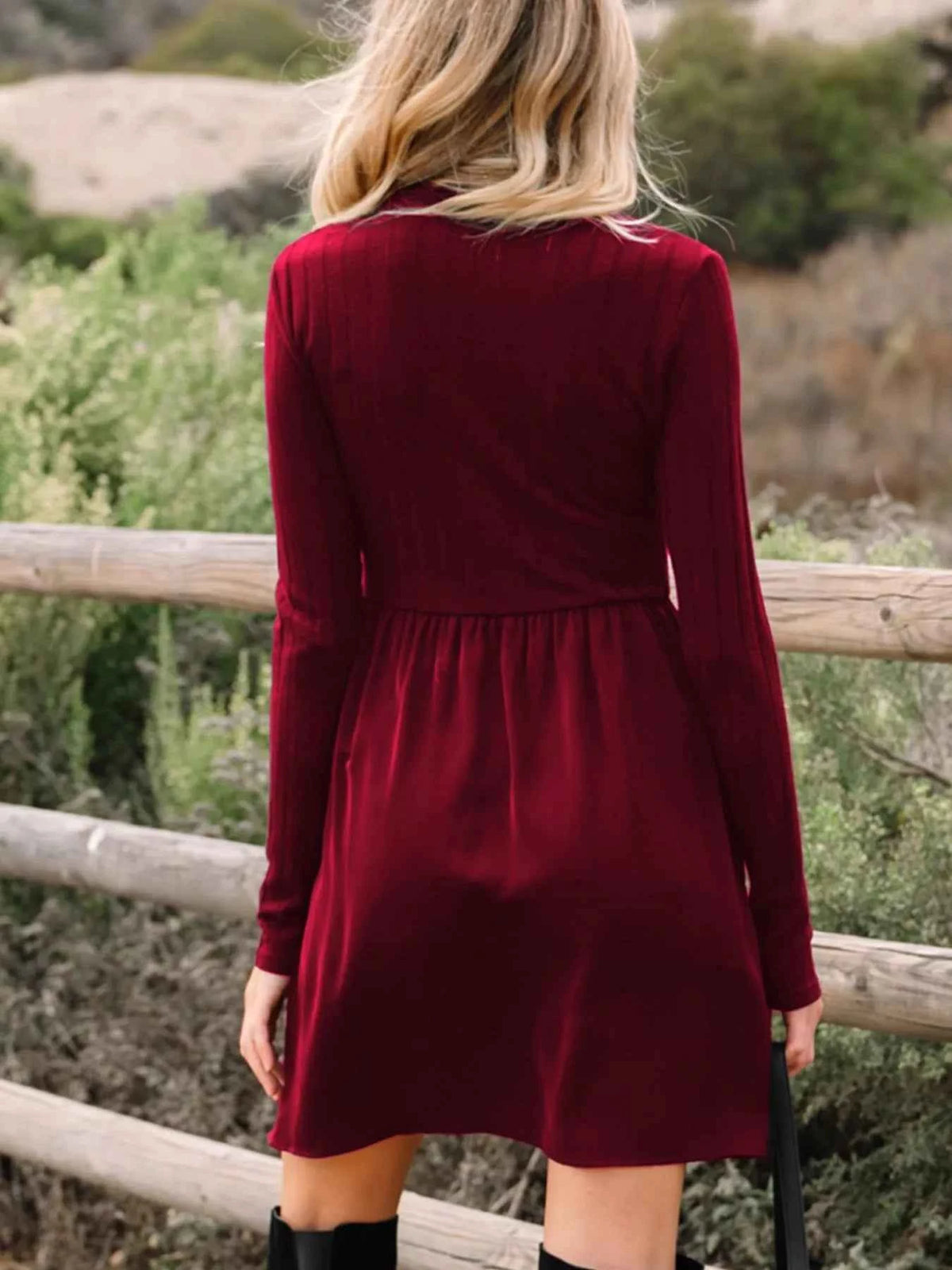Burgundy Frilled-Neck Ribbed Knit Mini Dress