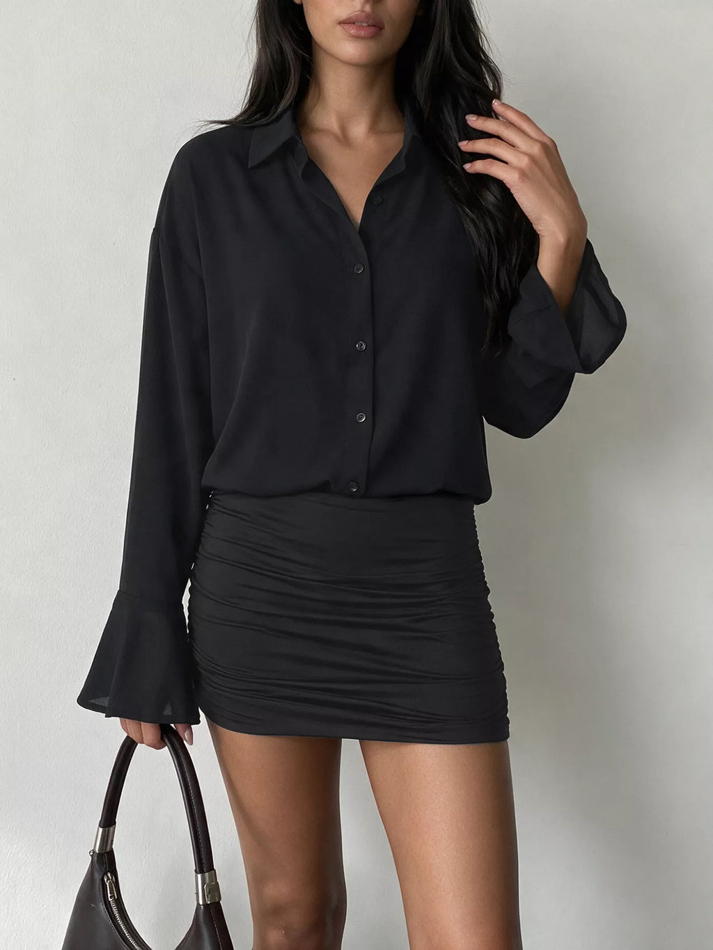 Black Button-Front Flounce-Sleeve Ruched Mini Dress