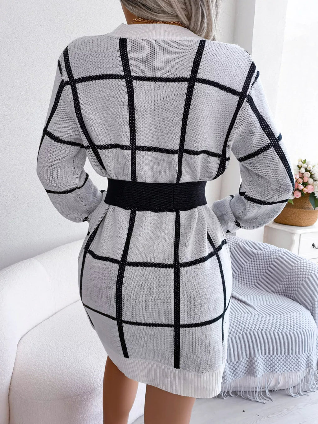 Windowpane Plaid Round-Neck Sweater Mini Dress