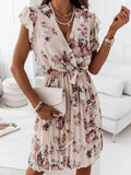 Floral Surplice Tie-Waist Ruffle-Cap-Sleeve Dress