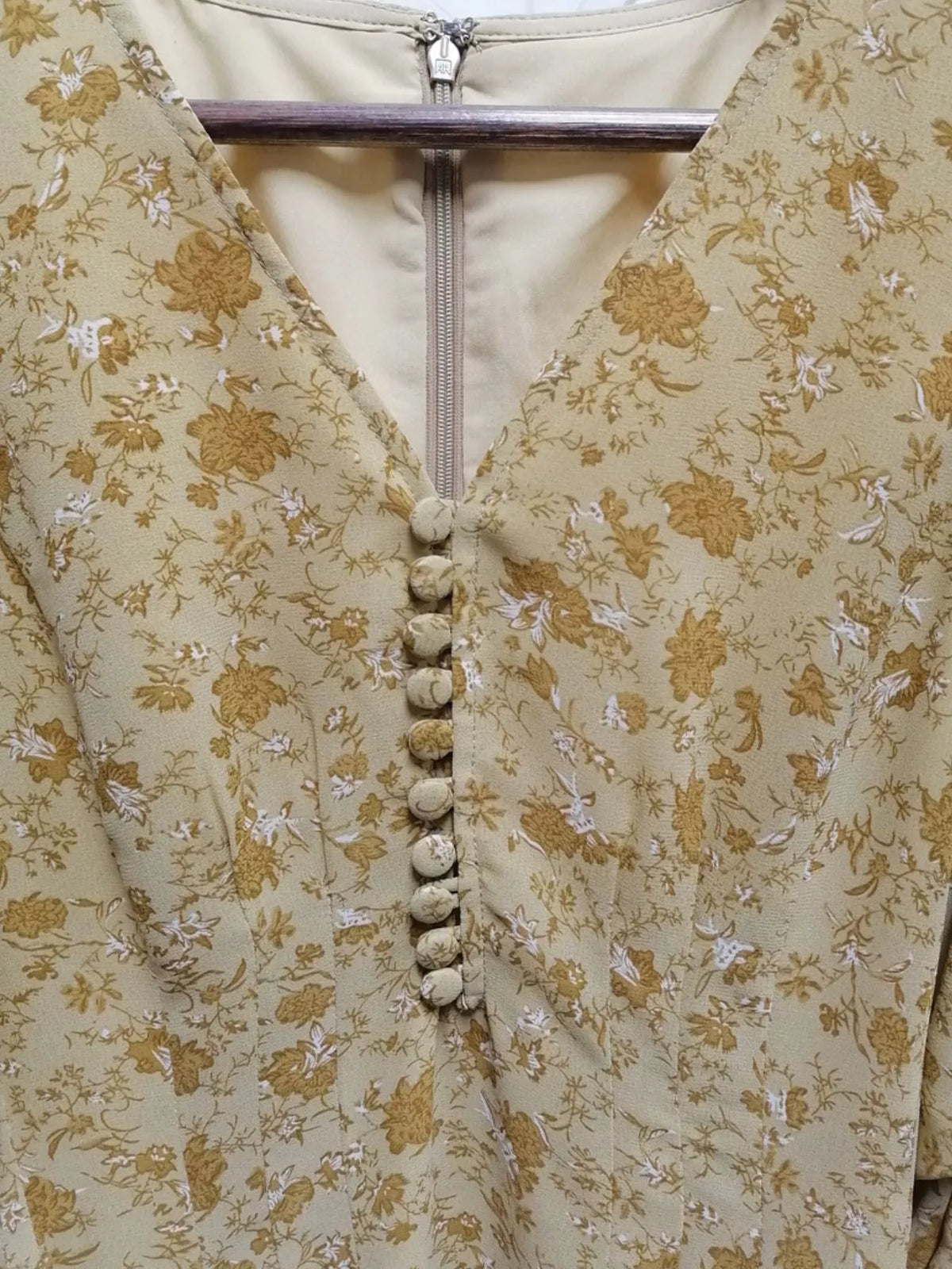 Yellow Floral V-Neck Long-Sleeve Midi Dress