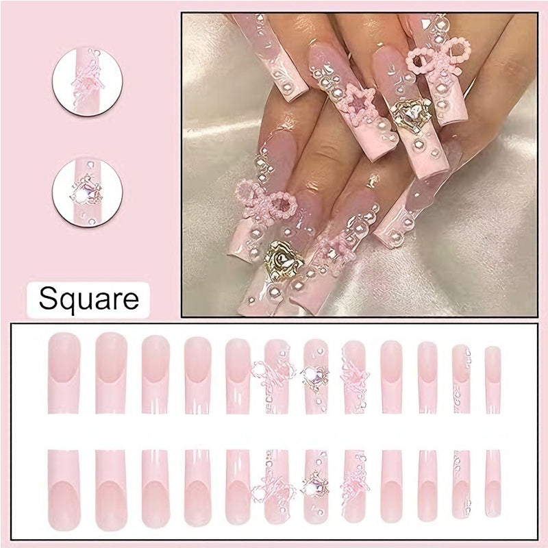 Bow Nail Art Press-On Nails – 24 PCS Long Square Head Shape | Cute Y2K Ribbon Design — Prime Trend Market