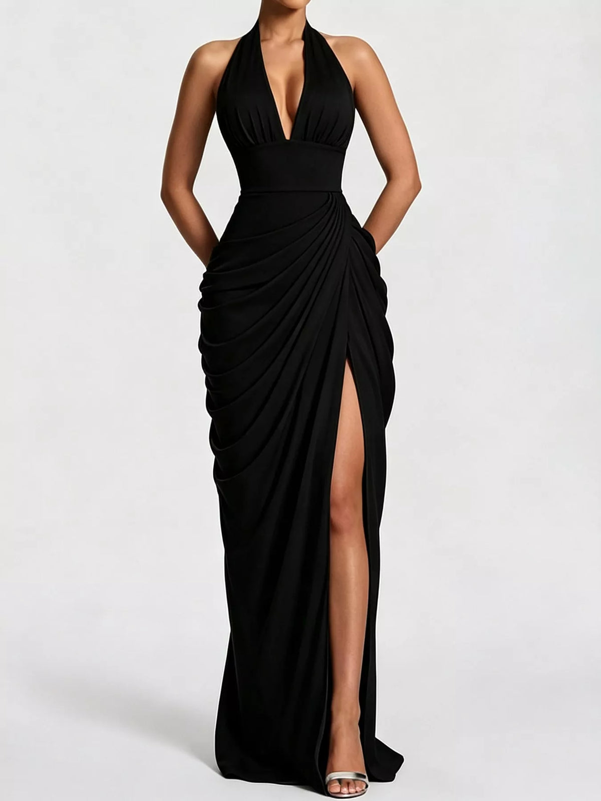 Halter-Neck Ruched High-Slit Maxi Evening Dress