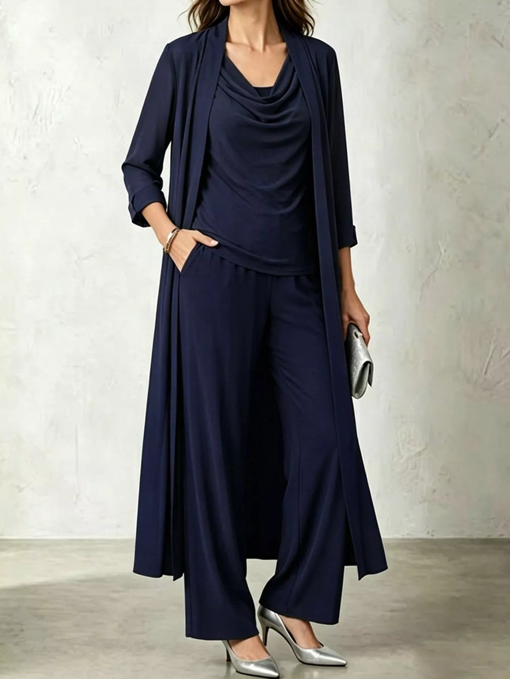 Cowl-Neck Top, Cardigan & Wide-Leg Pants Three-Piece Set