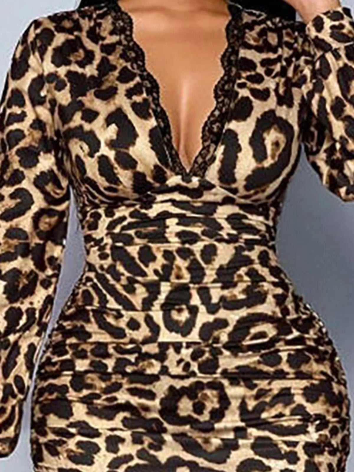 Lace-Trim V-Neck Long-Sleeve Ruched Midi Dress