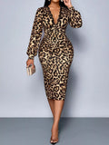 Lace-Trim V-Neck Long-Sleeve Ruched Midi Dress