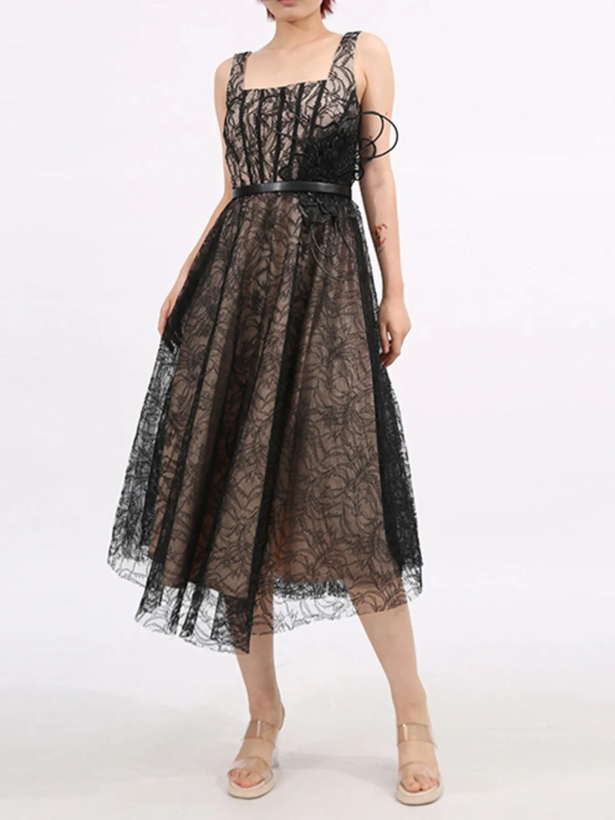 Lace Square-Neck Midi Dress