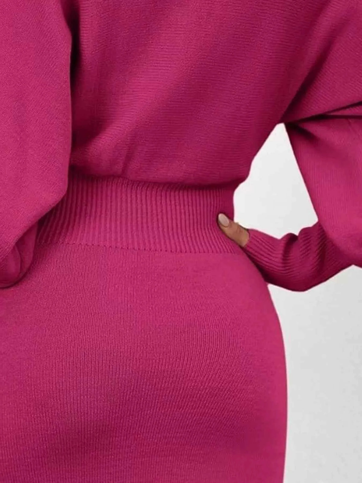 Lantern-Sleeve Ribbed Bodycon Sweater Dress