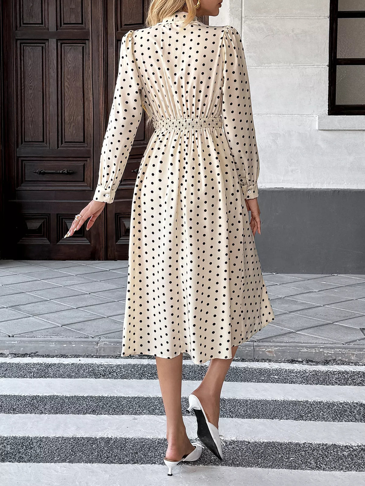 Polka-Dot Tie-Neck Long-Sleeve Midi Dress
