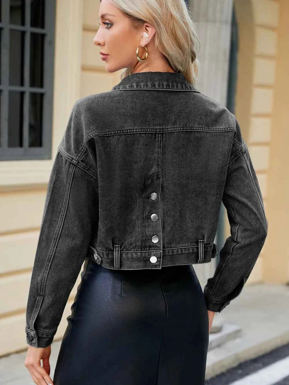Cropped Button-Front Denim-Look Jacket