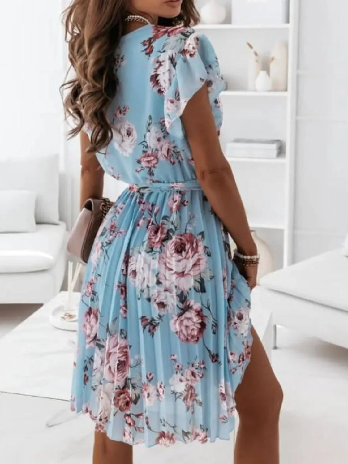 Floral Surplice Tie-Waist Ruffle-Cap-Sleeve Dress