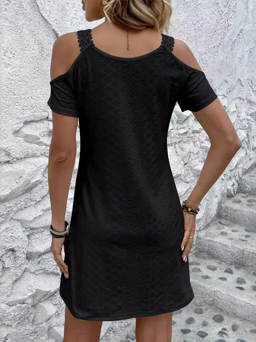 Cold-Shoulder V-Neck Eyelet Mini Dress