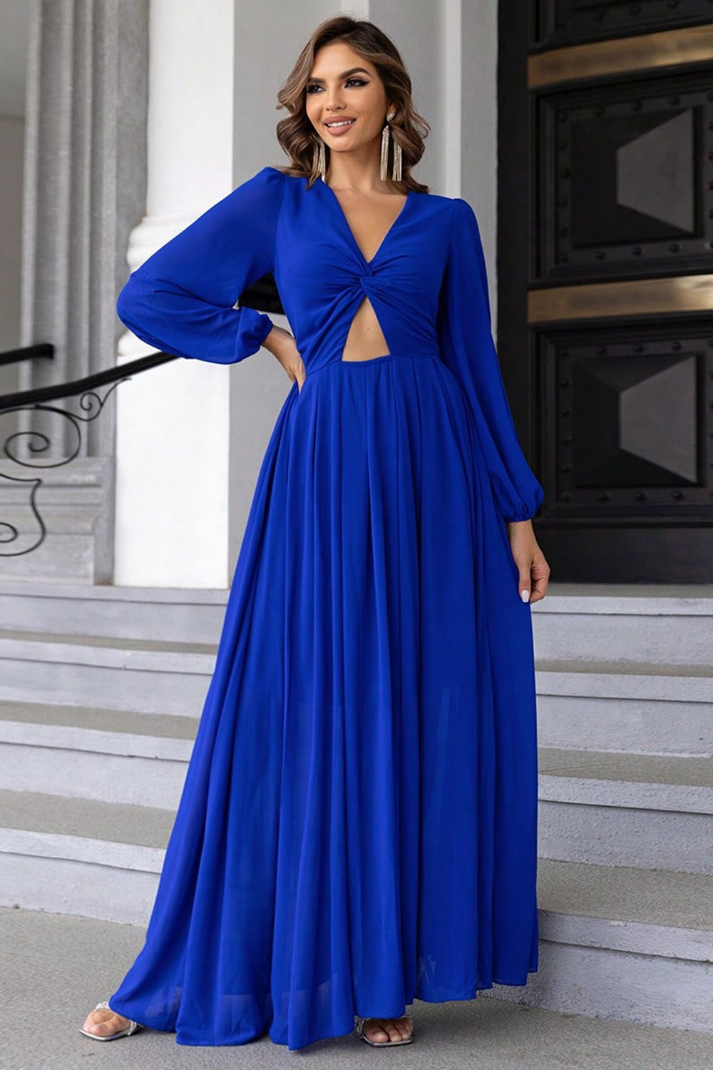 Royal Blue Twist-Front Cutout Long-Sleeve Maxi Dress