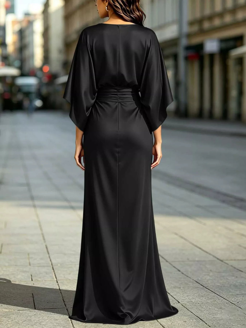Ruched-Waist Draped-Sleeve Slit Maxi Dress with Pockets